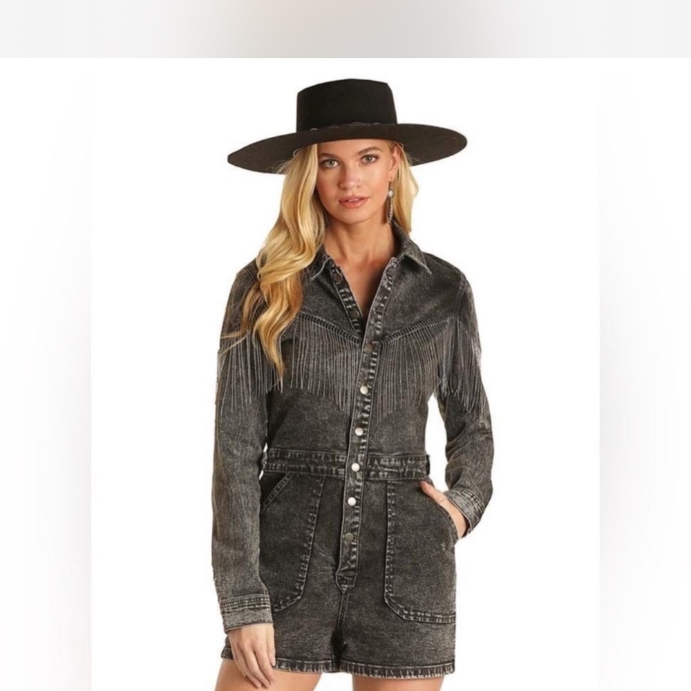 Rock & Roll Cowgirl Black and Gray Jumpsuit Long Sleeve Collared